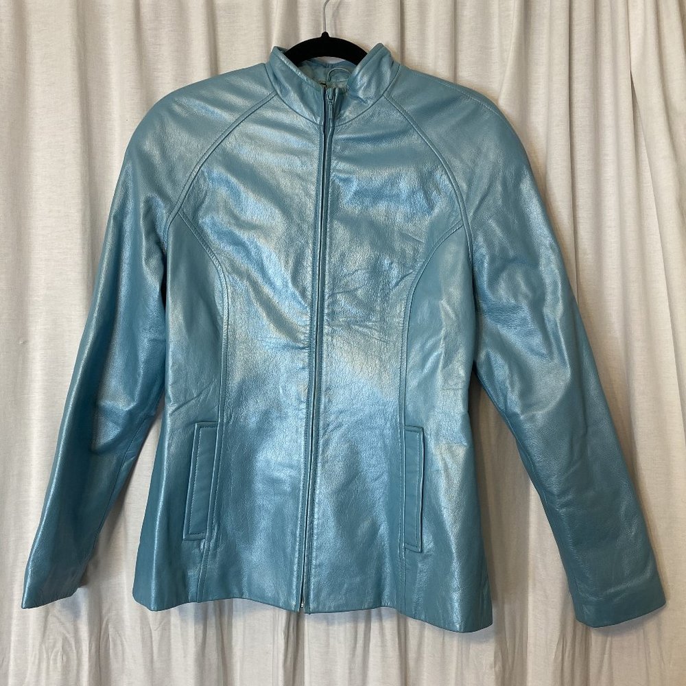 Danier Genuine Leather Jacket - Blue Teal - Coat - Motorcycle Turquoise Y2K
